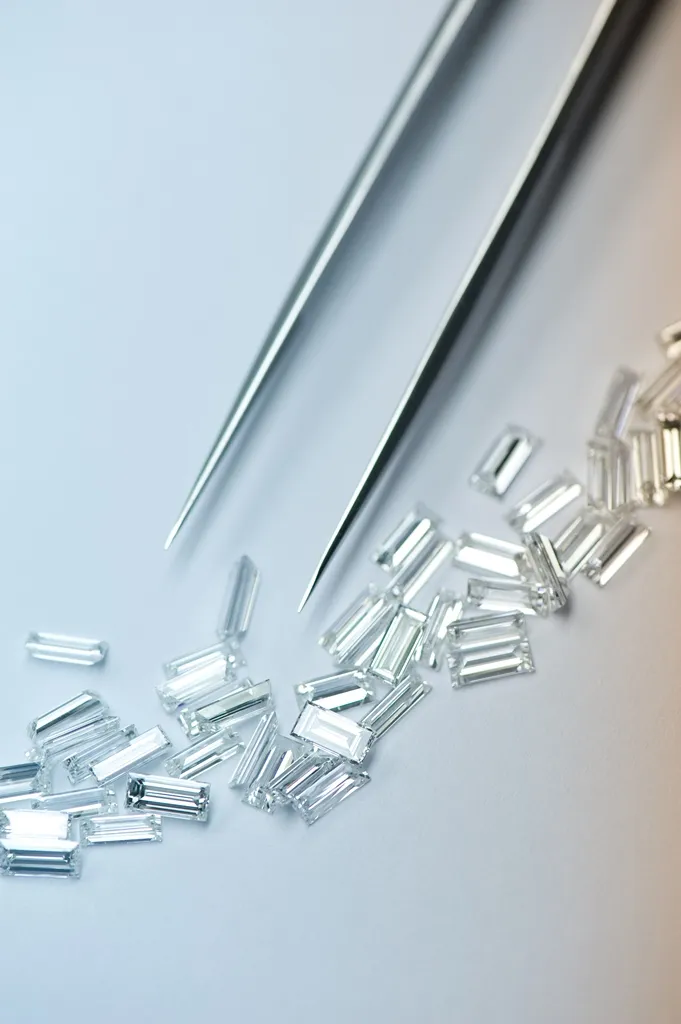 Baguette-cut diamonds in a parcel beside precision tweezers.
