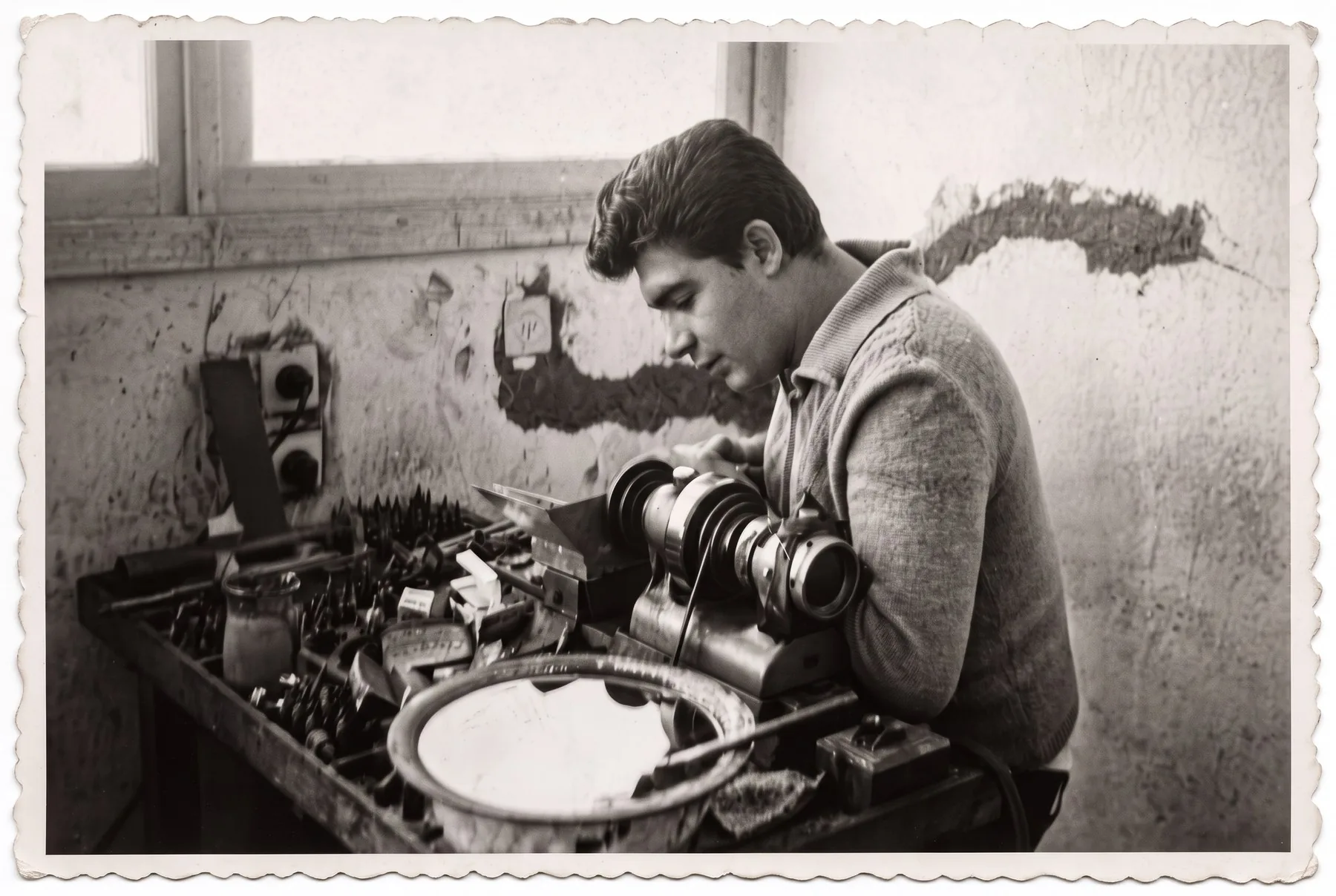 Archival black-and-white photograph of Haviv Moreno at the polishing wheel in his diamond workshop, 1960s.